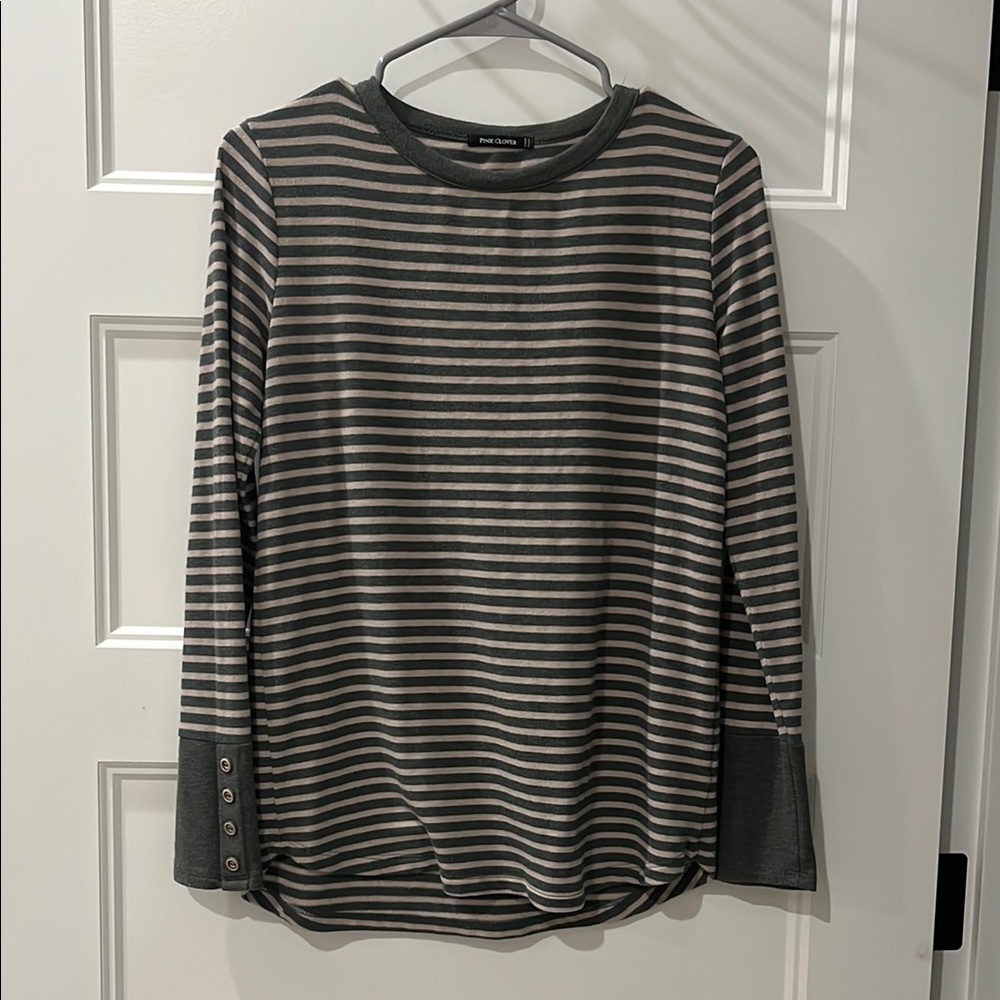 Pink Clover Striped Gray and Cream Sweater